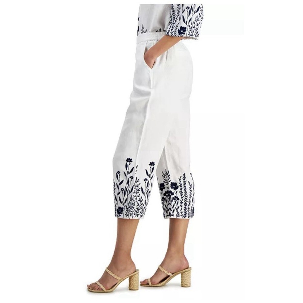 Charter Club Luxury Pants Womens XL White Linen Embroidery Pull On Elastic Waist